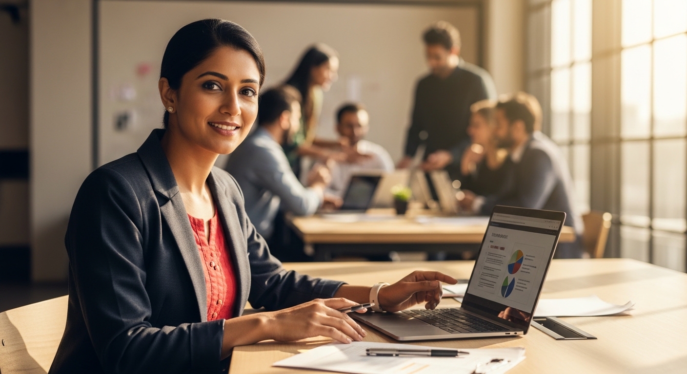 Indian woman professional leading consultation, get in touch